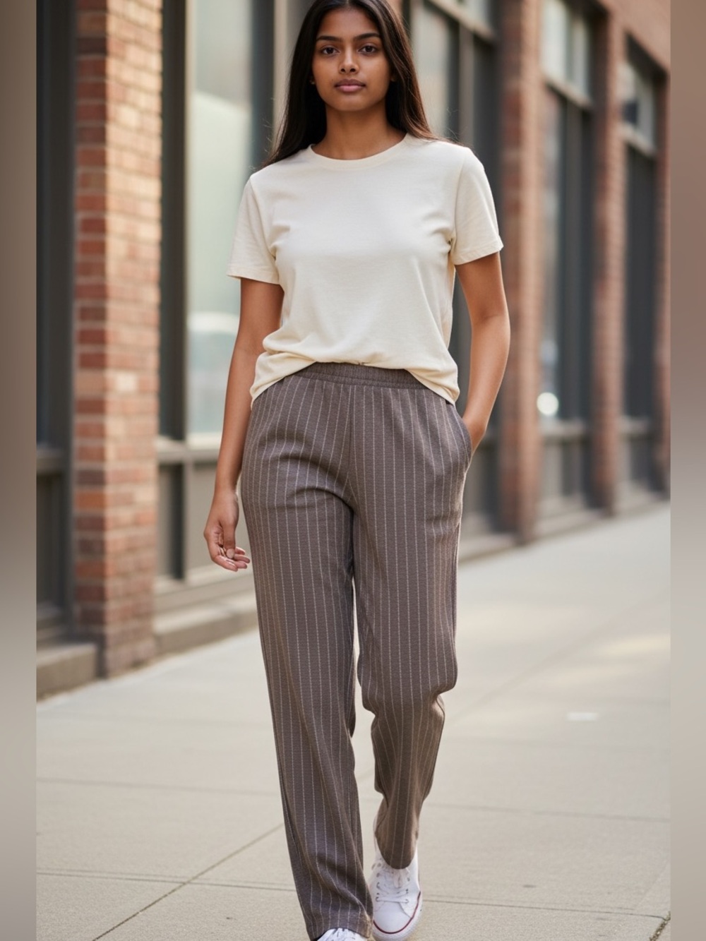 a new day Brown Pinstripe Elastic-Waist Trousers
